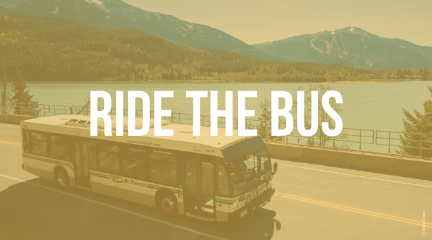 A graphic with text, the image is of a bus with a lake and mountains in the background, and the text reads "Ride the bus"