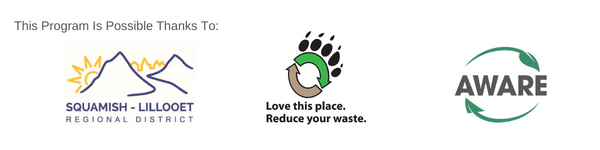 Image with text: "This program is possible thanks to" and three logos for Squamish Lillooet Regional District, Love this Place Reduce your Waste, and AWARE