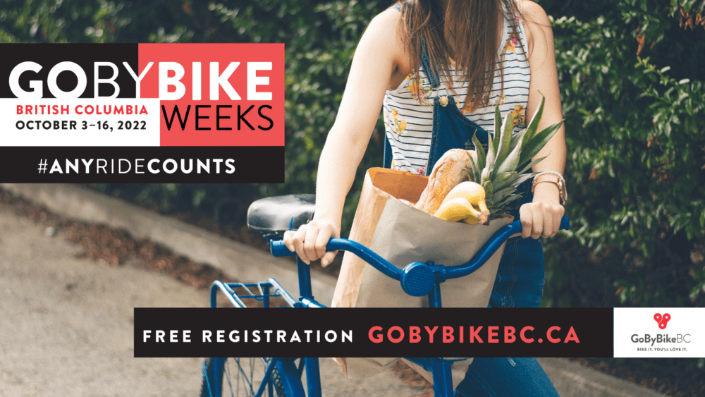 Graphic with text. Image is of a person on a bike with a bag of groceries and the text is about "Go By Bike Weeks"