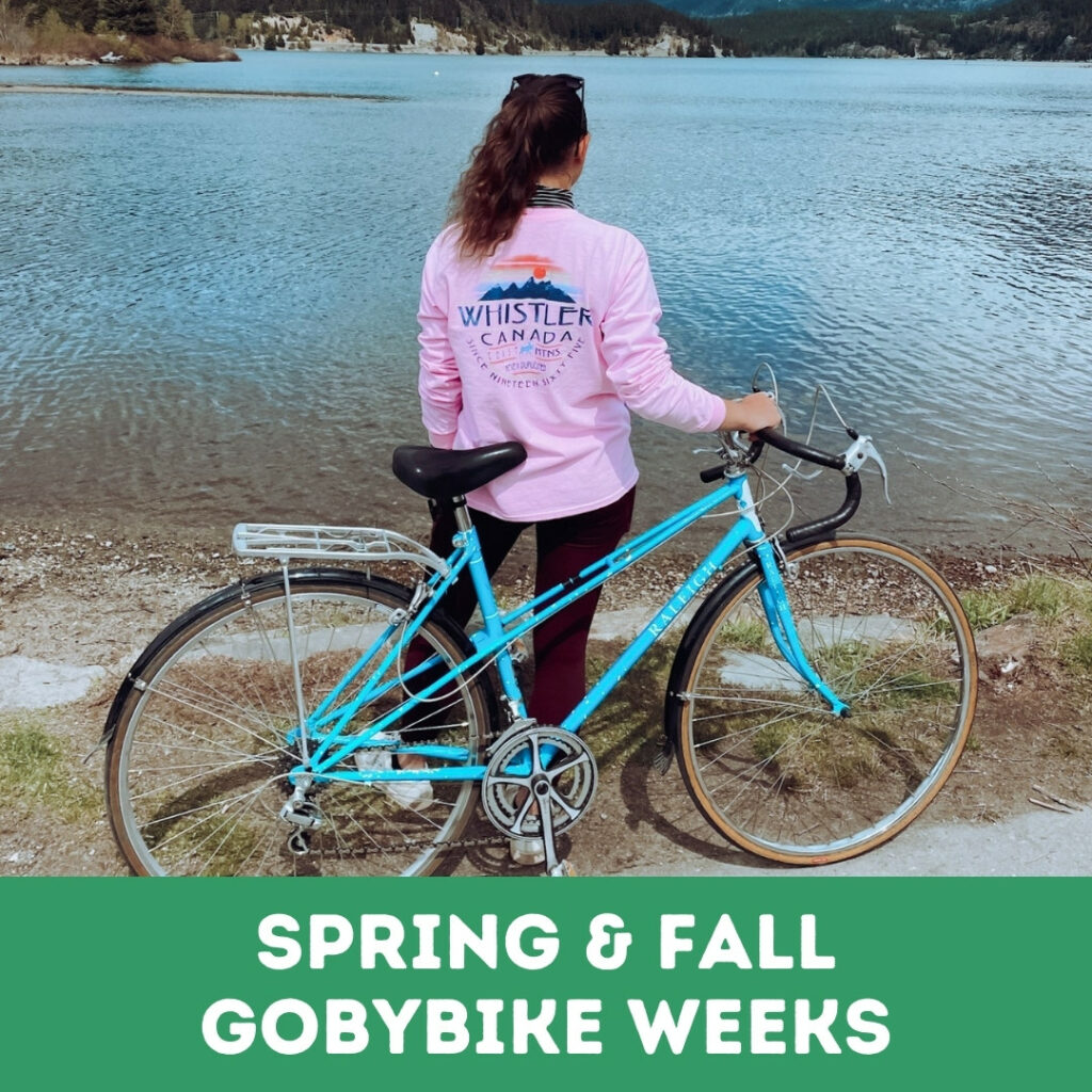 Spring and fall gobybike weeks text with a person standing with their bike in front of a lake