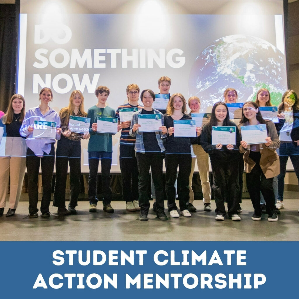 Student climate action mentorship text with a picture of kids holding certificates on stage