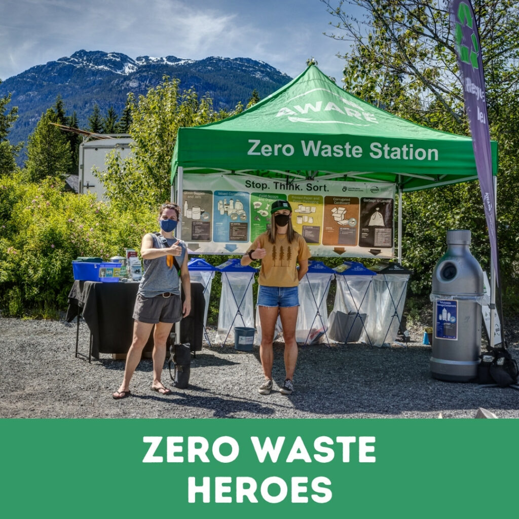 Zero Waste Heroes text with two people standing in front of a zero waste station