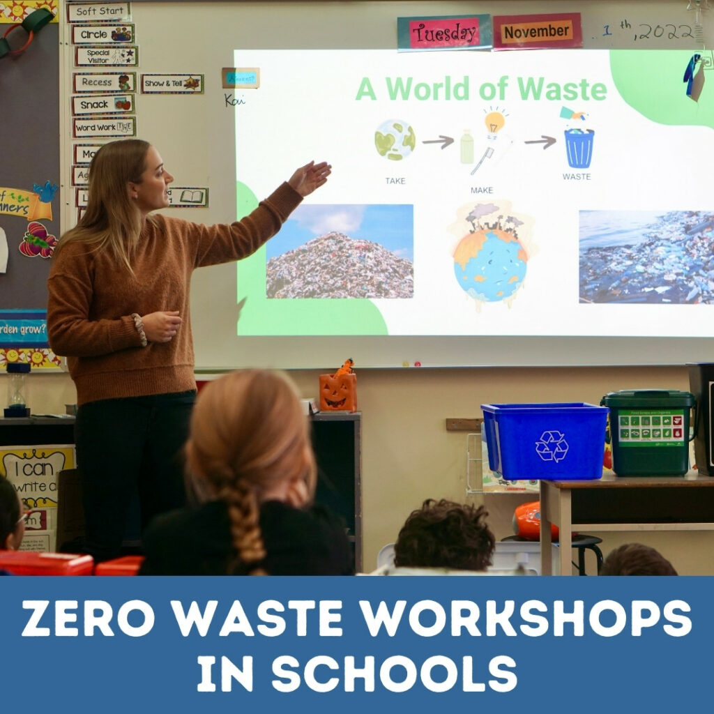 Zero Waste workshops in Schools text with image of a woman pointing to a projector screen, a child in the foreground has their hand up